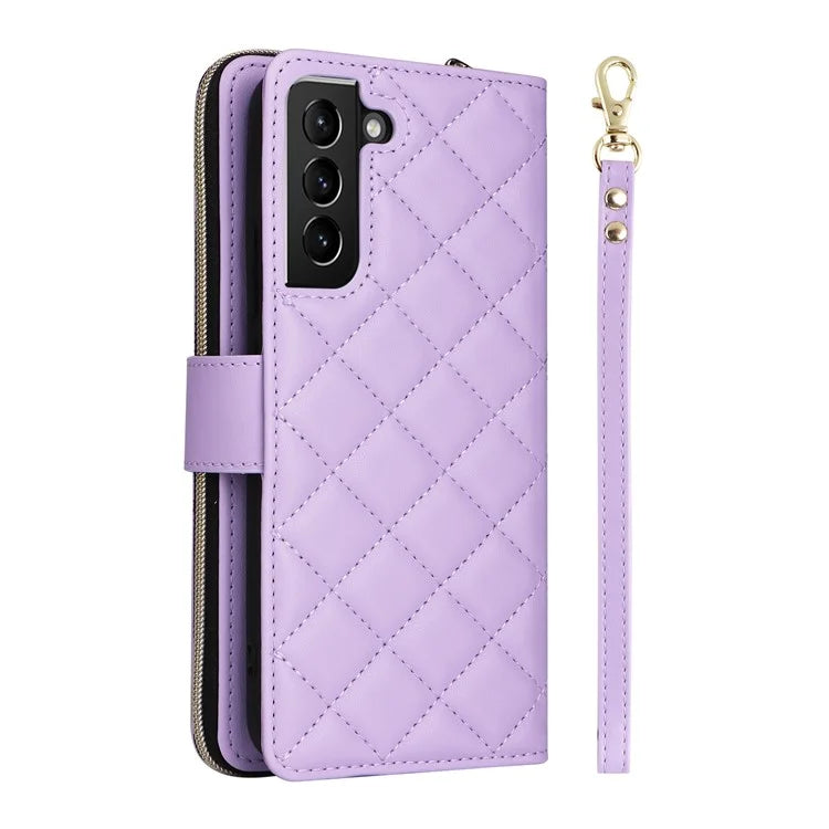 For Samsung Galaxy S21+ 5G Case Rhombus Leather Phone Cover with Zipper Pocket and Straps