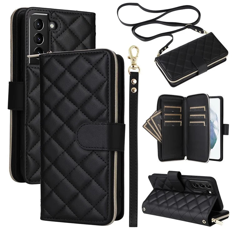 For Samsung Galaxy S21+ 5G Case Rhombus Leather Phone Cover with Zipper Pocket and Straps
