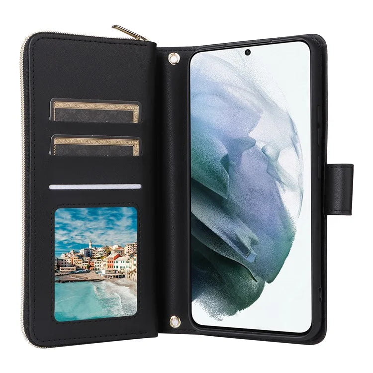 For Samsung Galaxy S21+ 5G Case Rhombus Leather Phone Cover with Zipper Pocket and Straps