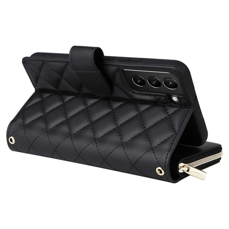 For Samsung Galaxy S21+ 5G Case Rhombus Leather Phone Cover with Zipper Pocket and Straps