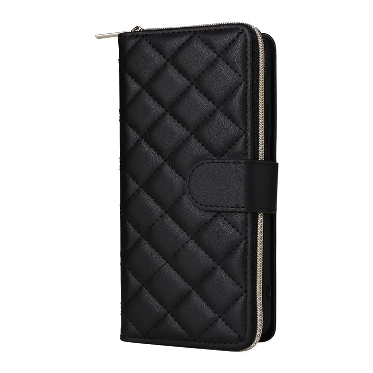 For Samsung Galaxy S21+ 5G Case Rhombus Leather Phone Cover with Zipper Pocket and Straps