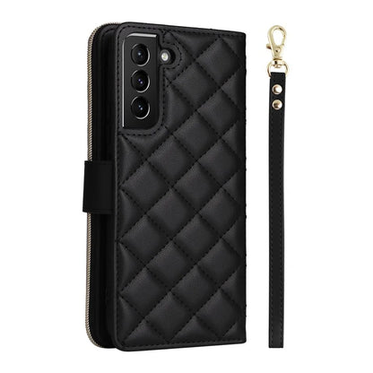 For Samsung Galaxy S21+ 5G Case Rhombus Leather Phone Cover with Zipper Pocket and Straps