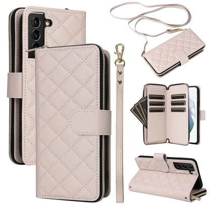 For Samsung Galaxy S21+ 5G Case Rhombus Leather Phone Cover with Zipper Pocket and Straps