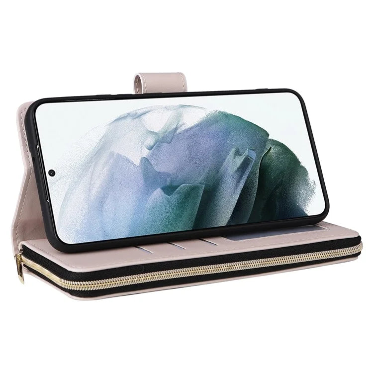 For Samsung Galaxy S21+ 5G Case Rhombus Leather Phone Cover with Zipper Pocket and Straps