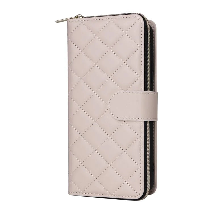 For Samsung Galaxy S21+ 5G Case Rhombus Leather Phone Cover with Zipper Pocket and Straps