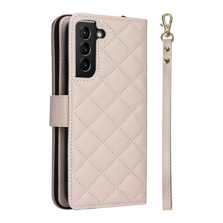 For Samsung Galaxy S21+ 5G Case Rhombus Leather Phone Cover with Zipper Pocket and Straps