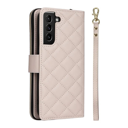 For Samsung Galaxy S21+ 5G Case Rhombus Leather Phone Cover with Zipper Pocket and Straps