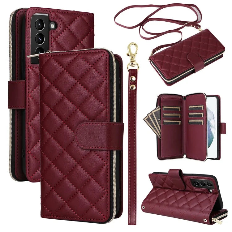 For Samsung Galaxy S21+ 5G Case Rhombus Leather Phone Cover with Zipper Pocket and Straps