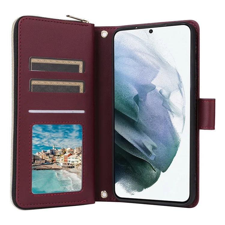 For Samsung Galaxy S21+ 5G Case Rhombus Leather Phone Cover with Zipper Pocket and Straps