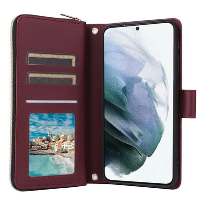 For Samsung Galaxy S21+ 5G Case Rhombus Leather Phone Cover with Zipper Pocket and Straps