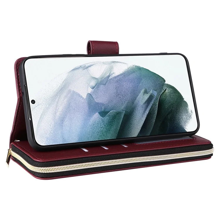 For Samsung Galaxy S21+ 5G Case Rhombus Leather Phone Cover with Zipper Pocket and Straps