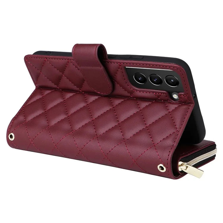 For Samsung Galaxy S21+ 5G Case Rhombus Leather Phone Cover with Zipper Pocket and Straps