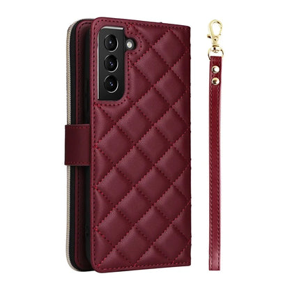 For Samsung Galaxy S21+ 5G Case Rhombus Leather Phone Cover with Zipper Pocket and Straps