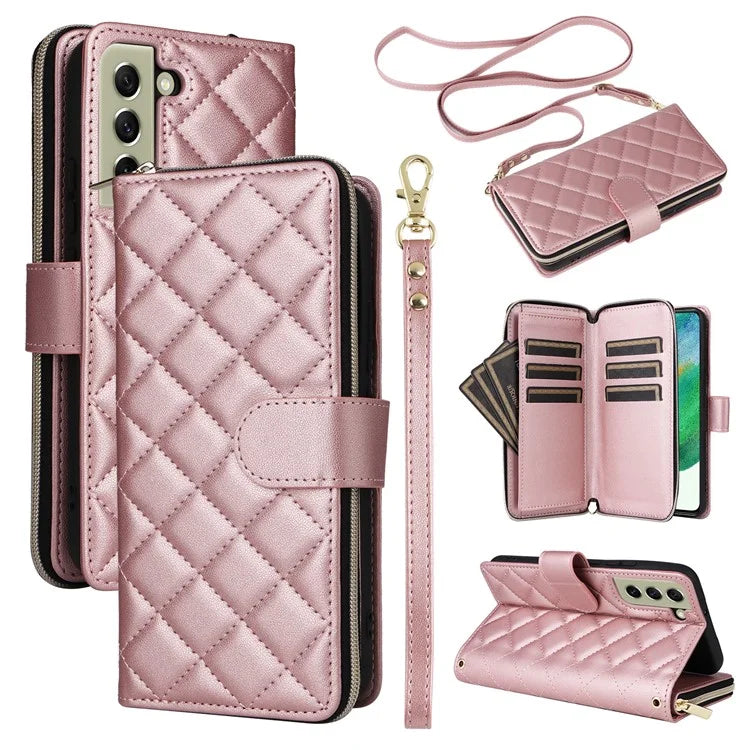 For Samsung Galaxy S21 FE 5G Case Rhombus PU Leather Wallet Zipper Phone Cover