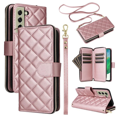 For Samsung Galaxy S21 FE 5G Case Rhombus PU Leather Wallet Zipper Phone Cover