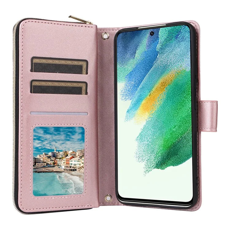 For Samsung Galaxy S21 FE 5G Case Rhombus PU Leather Wallet Zipper Phone Cover