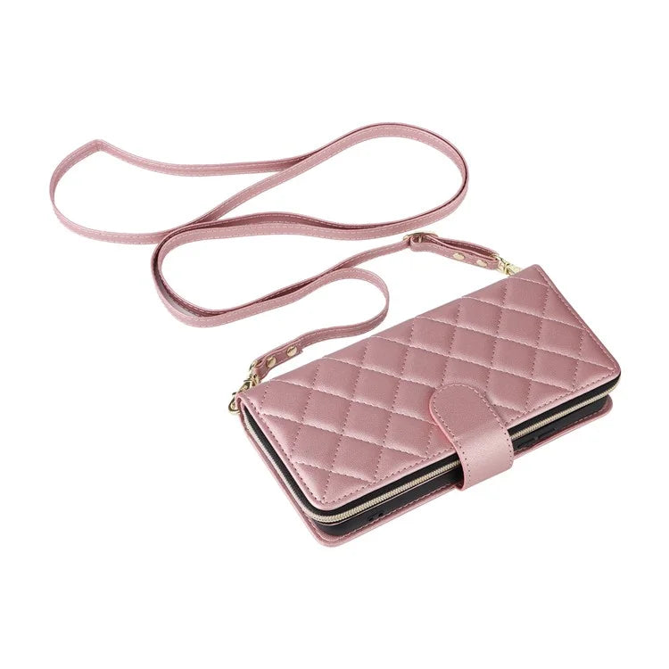 For Samsung Galaxy S21 FE 5G Case Rhombus PU Leather Wallet Zipper Phone Cover