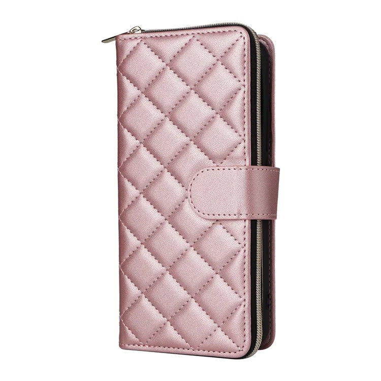 For Samsung Galaxy S21 FE 5G Case Rhombus PU Leather Wallet Zipper Phone Cover