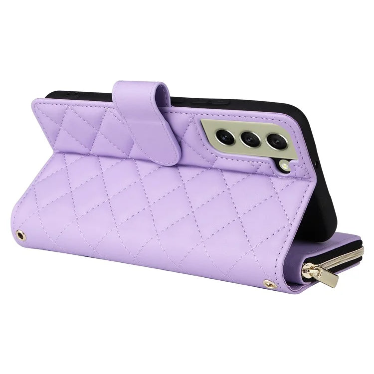 For Samsung Galaxy S21 FE 5G Case Rhombus PU Leather Wallet Zipper Phone Cover