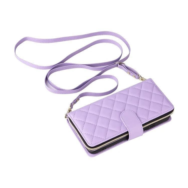 For Samsung Galaxy S21 FE 5G Case Rhombus PU Leather Wallet Zipper Phone Cover