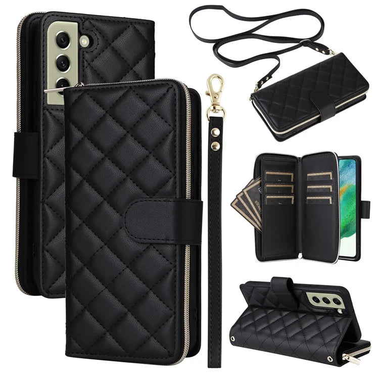 For Samsung Galaxy S21 FE 5G Case Rhombus PU Leather Wallet Zipper Phone Cover