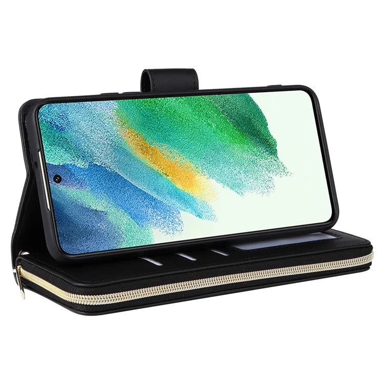 For Samsung Galaxy S21 FE 5G Case Rhombus PU Leather Wallet Zipper Phone Cover