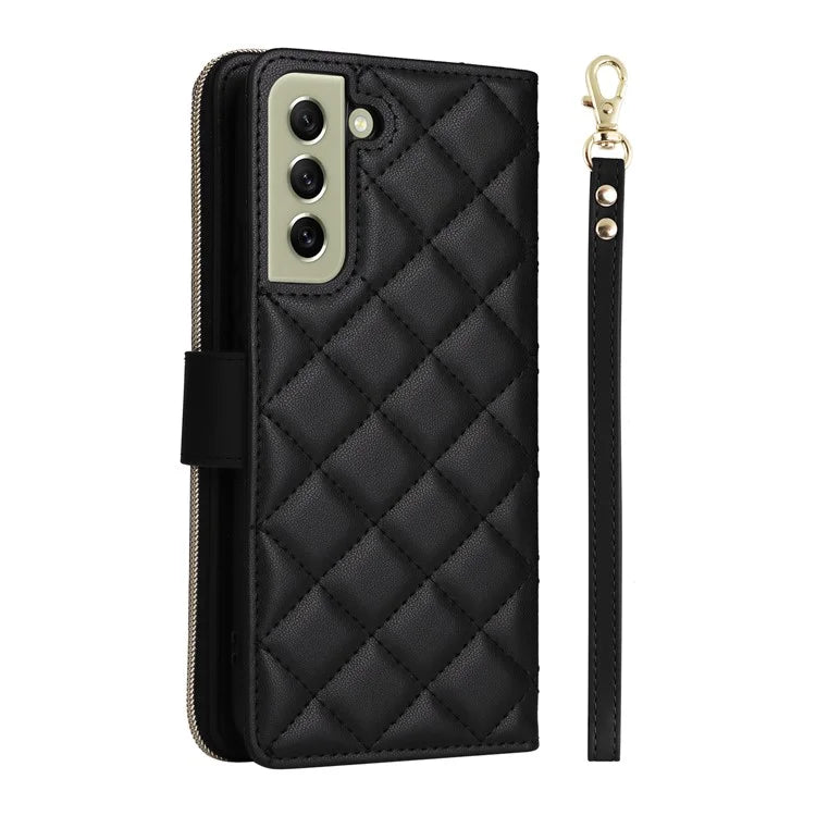 For Samsung Galaxy S21 FE 5G Case Rhombus PU Leather Wallet Zipper Phone Cover