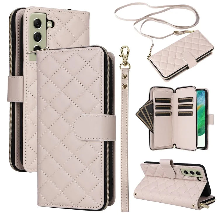 For Samsung Galaxy S21 FE 5G Case Rhombus PU Leather Wallet Zipper Phone Cover