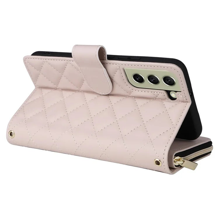 For Samsung Galaxy S21 FE 5G Case Rhombus PU Leather Wallet Zipper Phone Cover