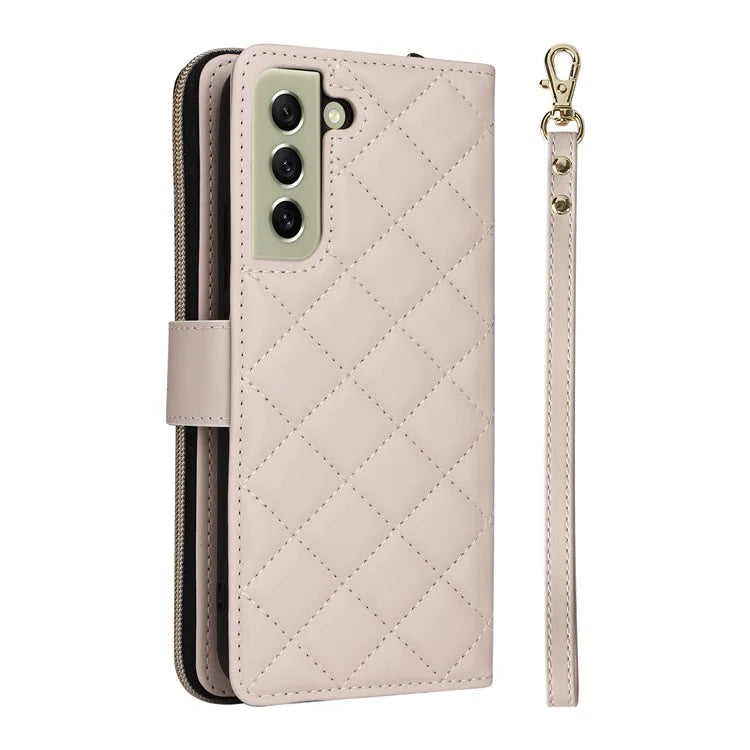 For Samsung Galaxy S21 FE 5G Case Rhombus PU Leather Wallet Zipper Phone Cover