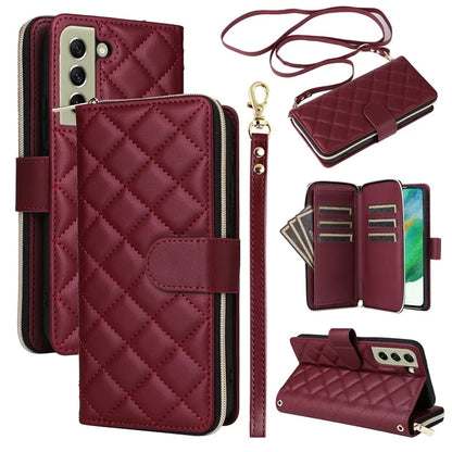 For Samsung Galaxy S21 FE 5G Case Rhombus PU Leather Wallet Zipper Phone Cover