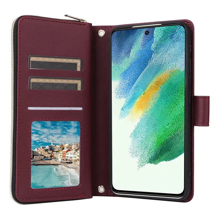 For Samsung Galaxy S21 FE 5G Case Rhombus PU Leather Wallet Zipper Phone Cover