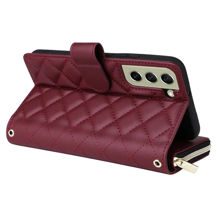 For Samsung Galaxy S21 FE 5G Case Rhombus PU Leather Wallet Zipper Phone Cover