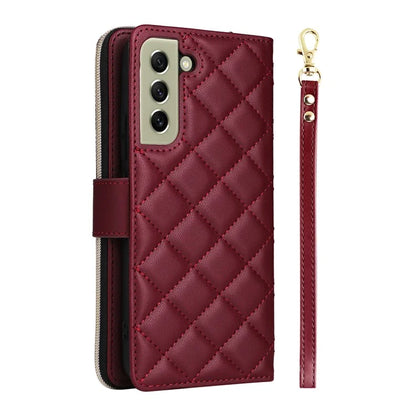For Samsung Galaxy S21 FE 5G Case Rhombus PU Leather Wallet Zipper Phone Cover