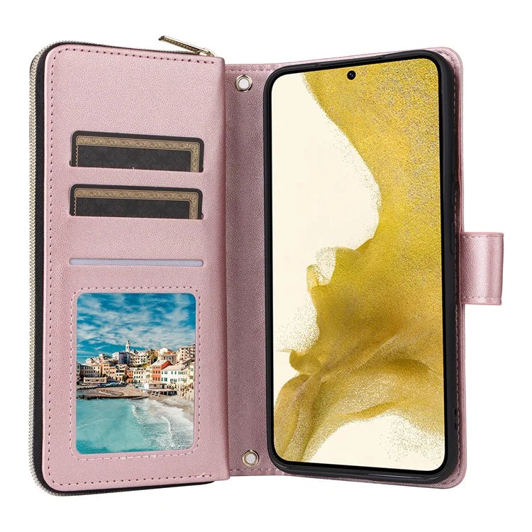 For Samsung Galaxy S22+ 5G Case Rhombus Zipper Pocket Leather Phone Cover with Straps