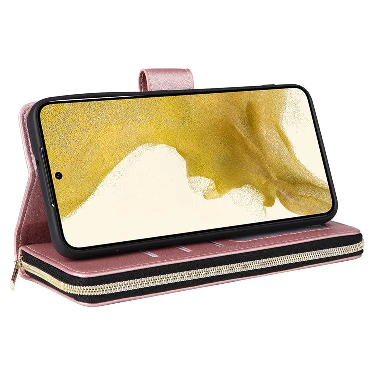 For Samsung Galaxy S22+ 5G Case Rhombus Zipper Pocket Leather Phone Cover with Straps