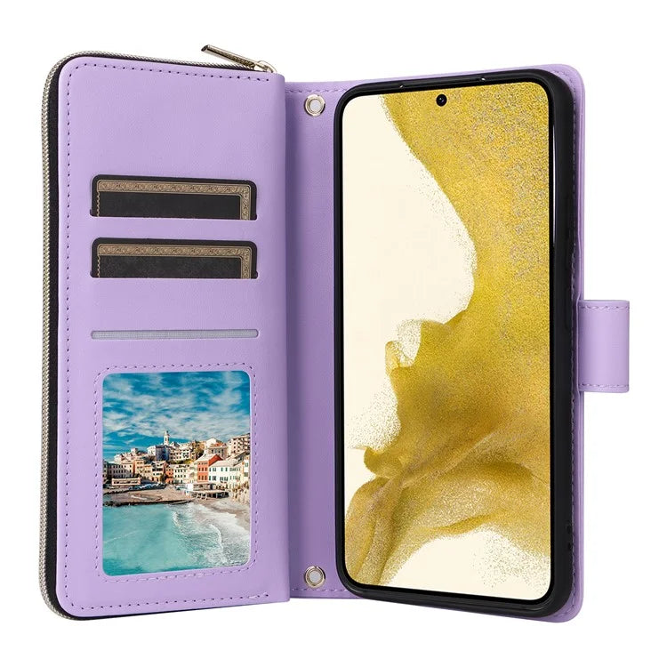 For Samsung Galaxy S22+ 5G Case Rhombus Zipper Pocket Leather Phone Cover with Straps