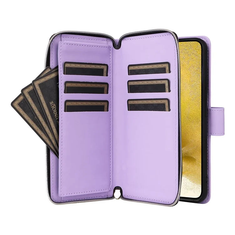For Samsung Galaxy S22+ 5G Case Rhombus Zipper Pocket Leather Phone Cover with Straps