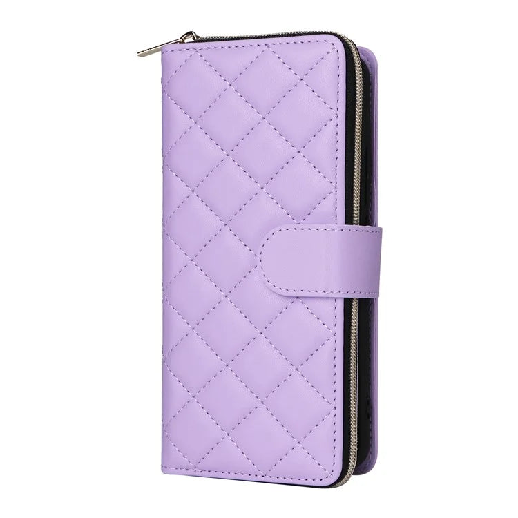 For Samsung Galaxy S22+ 5G Case Rhombus Zipper Pocket Leather Phone Cover with Straps