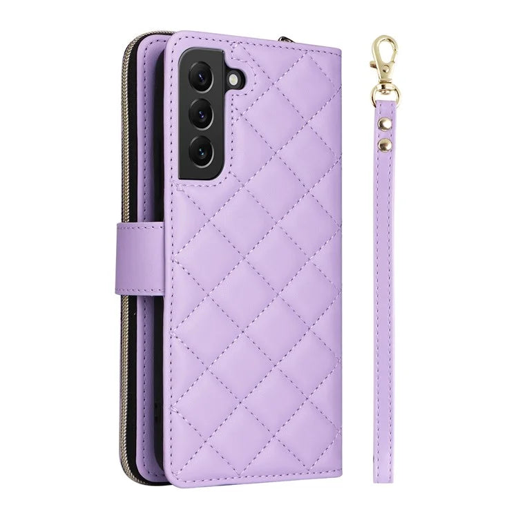 For Samsung Galaxy S22+ 5G Case Rhombus Zipper Pocket Leather Phone Cover with Straps