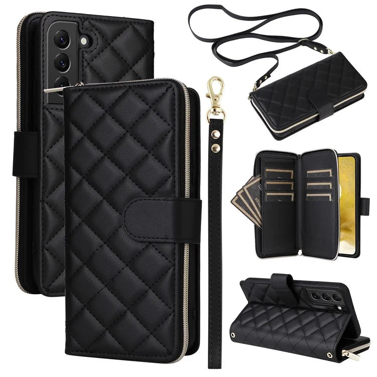 For Samsung Galaxy S22+ 5G Case Rhombus Zipper Pocket Leather Phone Cover with Straps