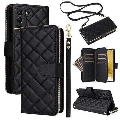 For Samsung Galaxy S22+ 5G Case Rhombus Zipper Pocket Leather Phone Cover with Straps