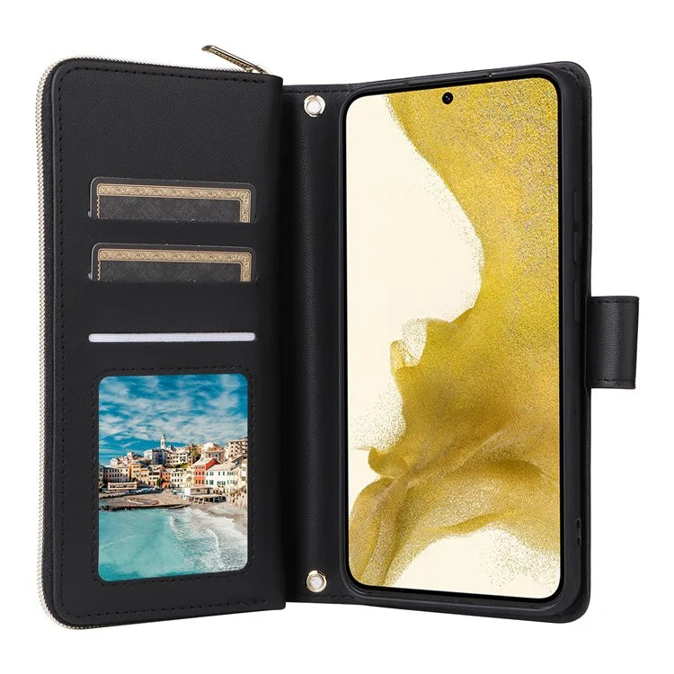 For Samsung Galaxy S22+ 5G Case Rhombus Zipper Pocket Leather Phone Cover with Straps