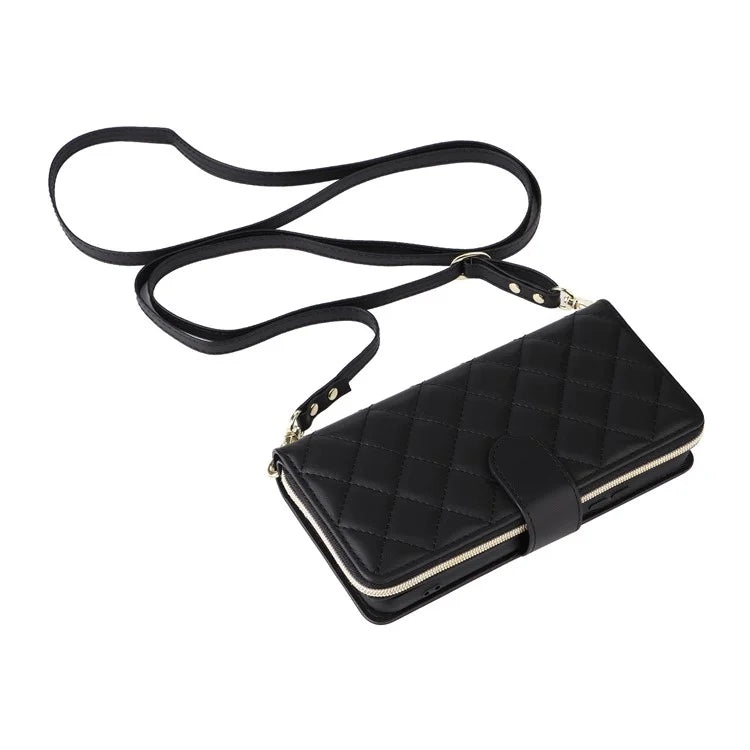 For Samsung Galaxy S22+ 5G Case Rhombus Zipper Pocket Leather Phone Cover with Straps