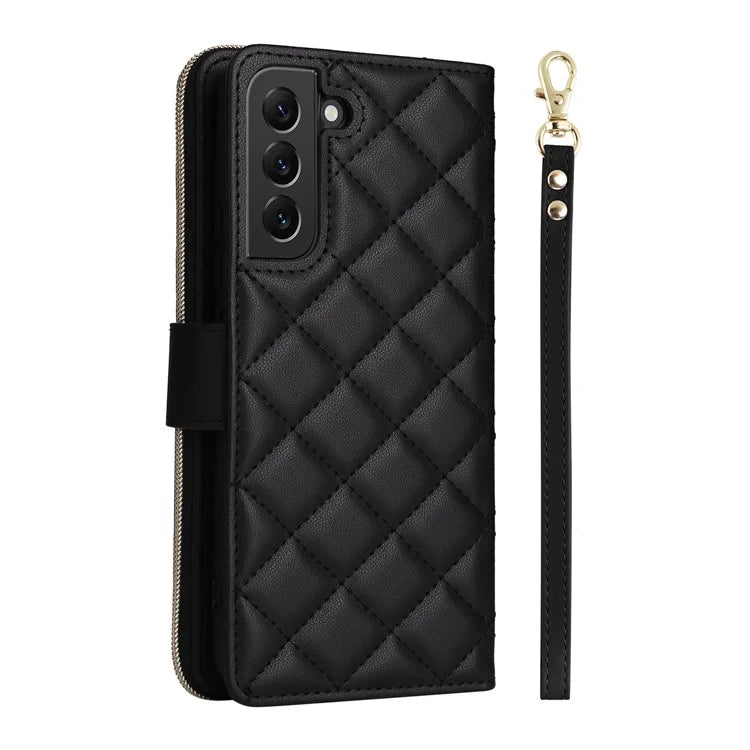 For Samsung Galaxy S22+ 5G Case Rhombus Zipper Pocket Leather Phone Cover with Straps