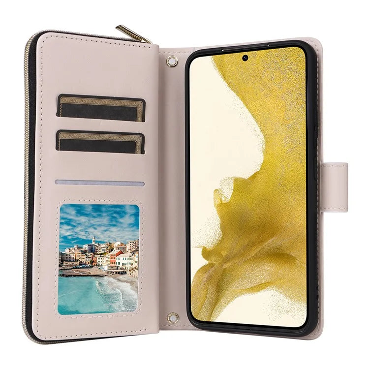 For Samsung Galaxy S22+ 5G Case Rhombus Zipper Pocket Leather Phone Cover with Straps