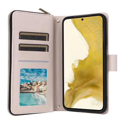 For Samsung Galaxy S22+ 5G Case Rhombus Zipper Pocket Leather Phone Cover with Straps
