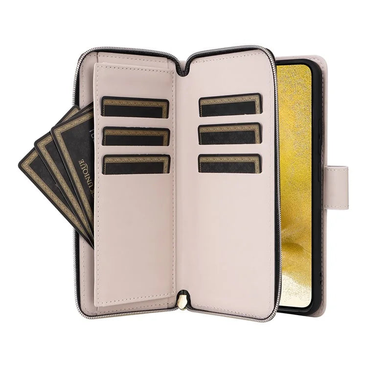 For Samsung Galaxy S22+ 5G Case Rhombus Zipper Pocket Leather Phone Cover with Straps