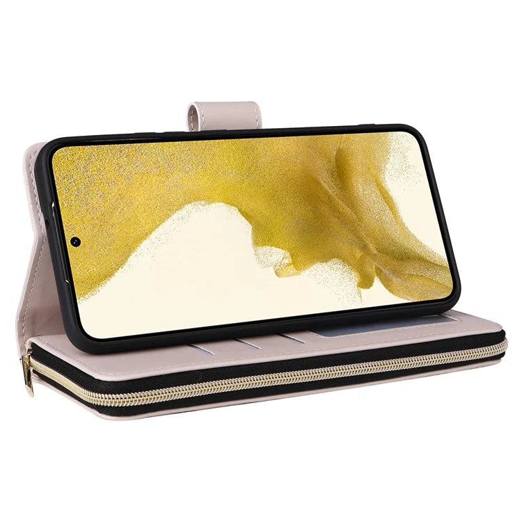 For Samsung Galaxy S22+ 5G Case Rhombus Zipper Pocket Leather Phone Cover with Straps