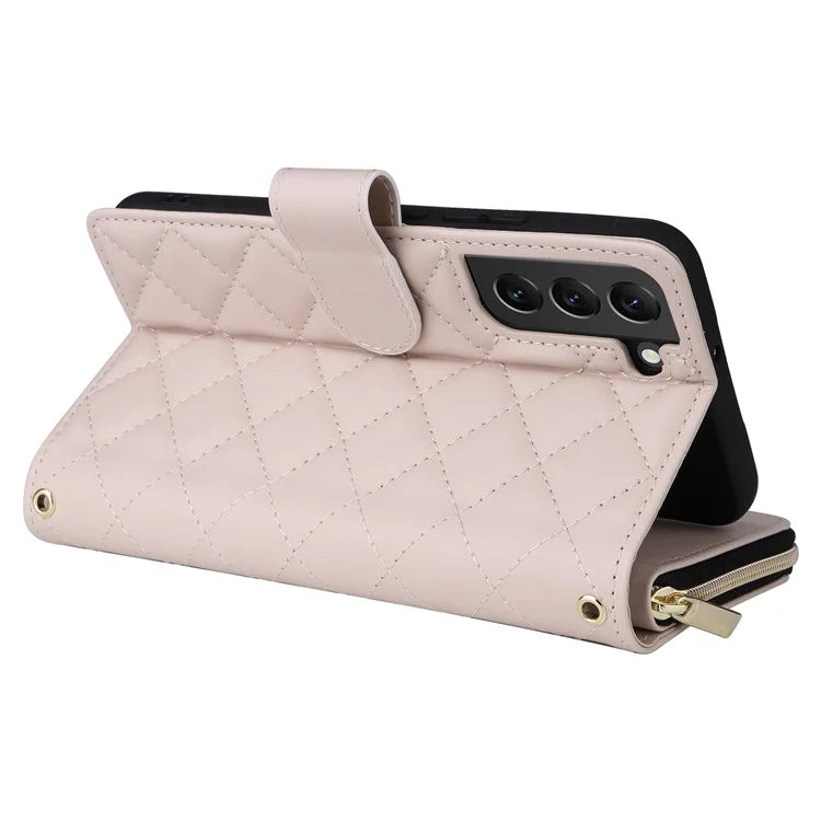 For Samsung Galaxy S22+ 5G Case Rhombus Zipper Pocket Leather Phone Cover with Straps